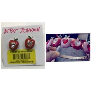 BETSEY JOHNSON SET ‘Back to School’ Red Apple Bejeweled Earrings & Bracelet NWT